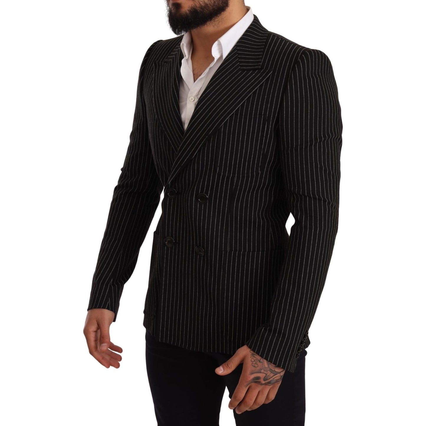 Dolce & Gabbana Dark Gray White Striped Slim Fit Coat Blazer