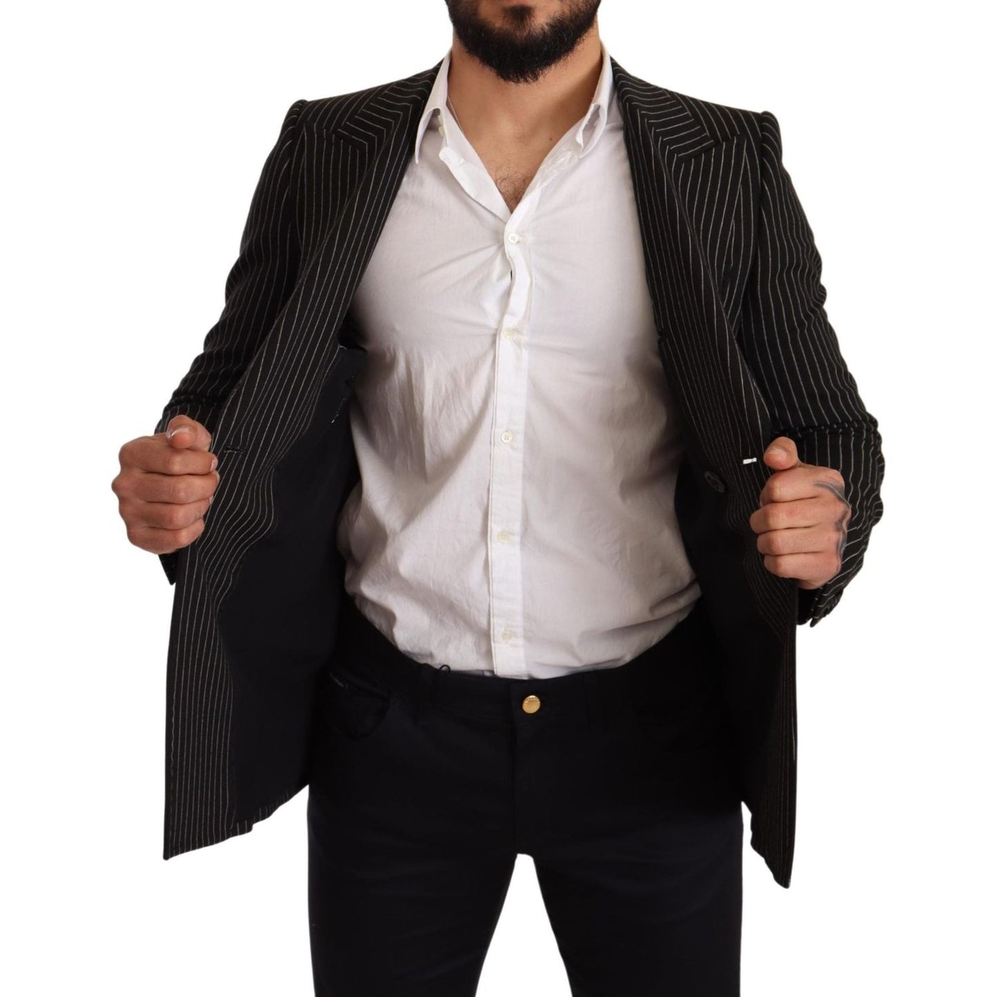 Dolce & Gabbana Dark Gray White Striped Slim Fit Coat Blazer