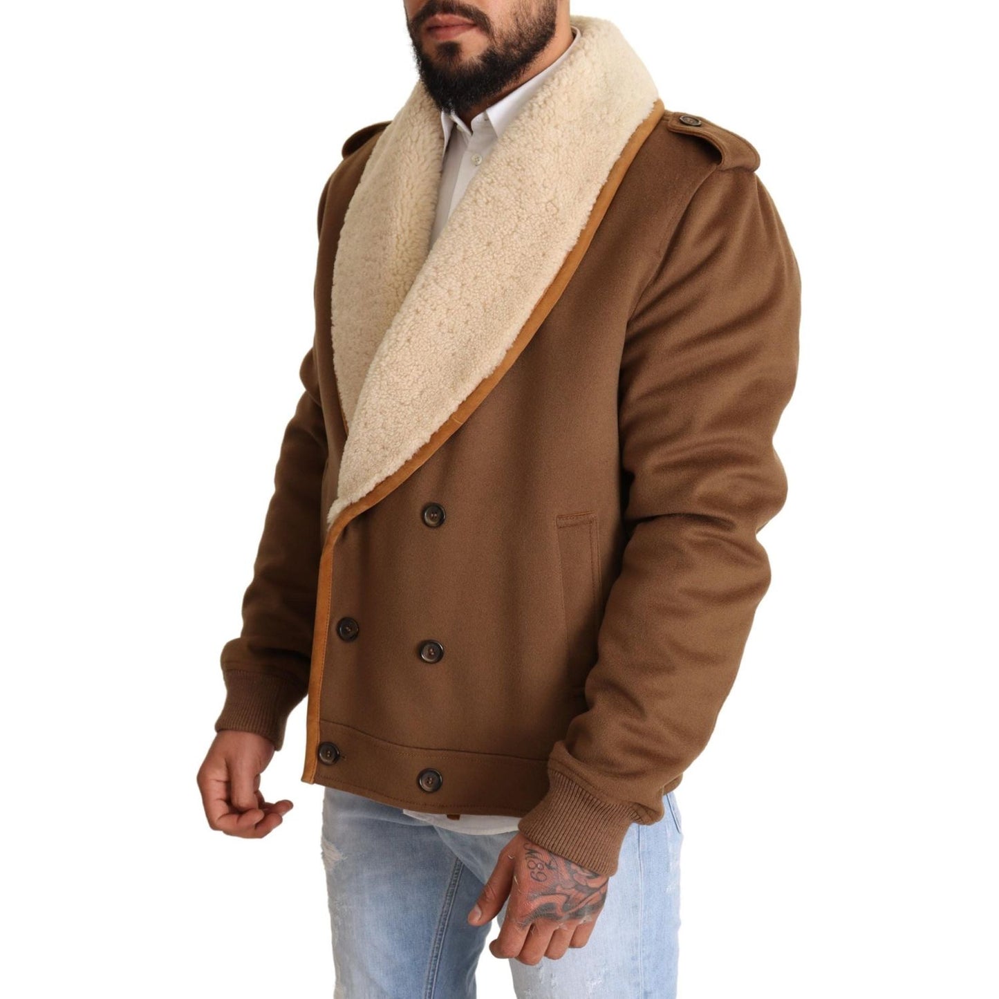 Dolce & Gabbana Brown Double Breasted Shearling Coat Jacket
