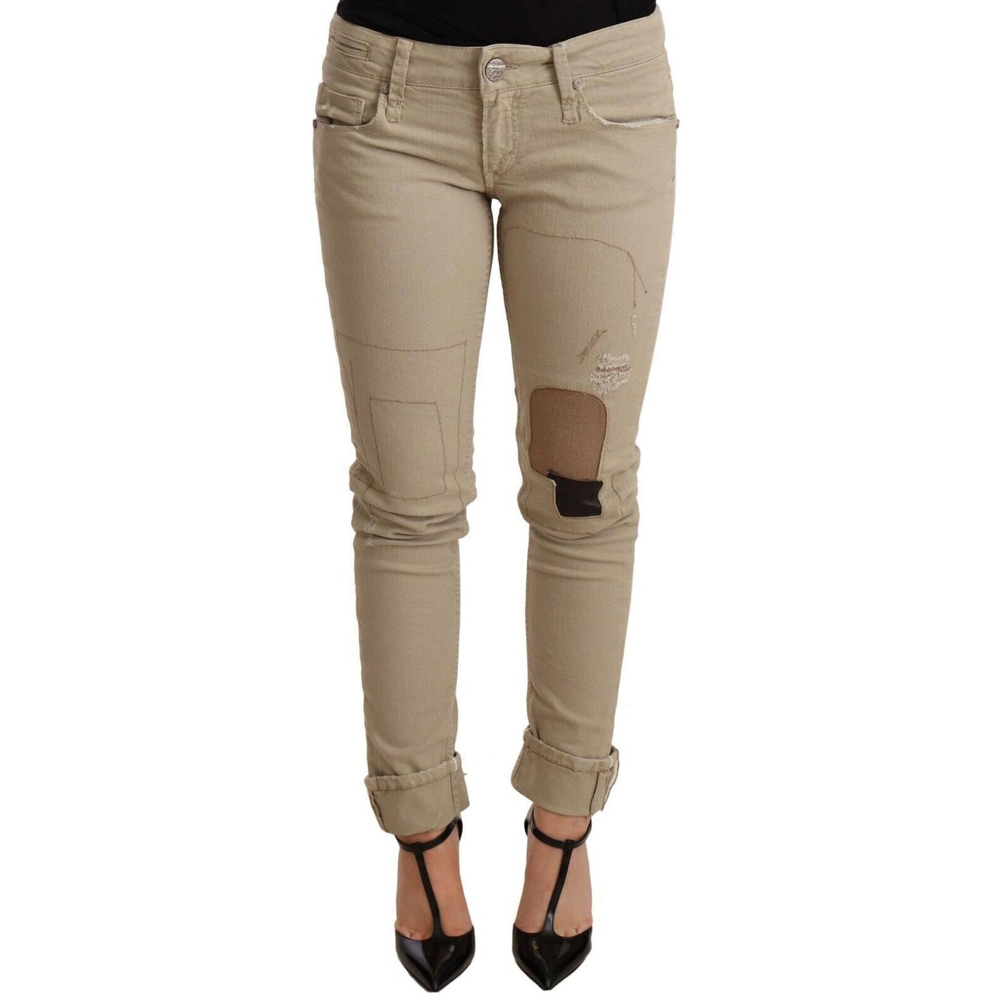 Acht Beige Denim Cotton Bottom Slim Fit Folded Pant Jeans & Pants