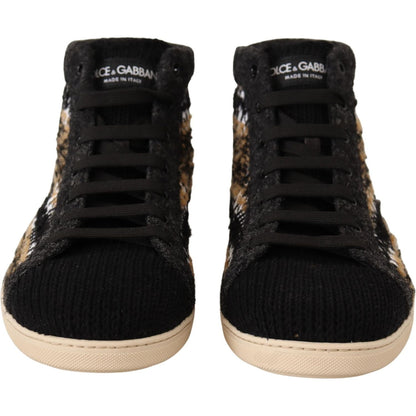 Dolce & Gabbana Beige Brown Wool Cotton High Top Sneakers