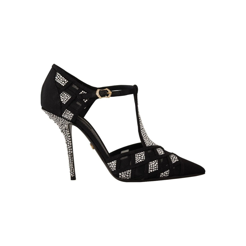 Dolce & Gabbana Black Crystals T-strap Heels Pumps Shoes LA9633 - 39