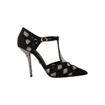 Dolce & Gabbana Black Crystals T-strap Heels Pumps Shoes LA9633 - 39
