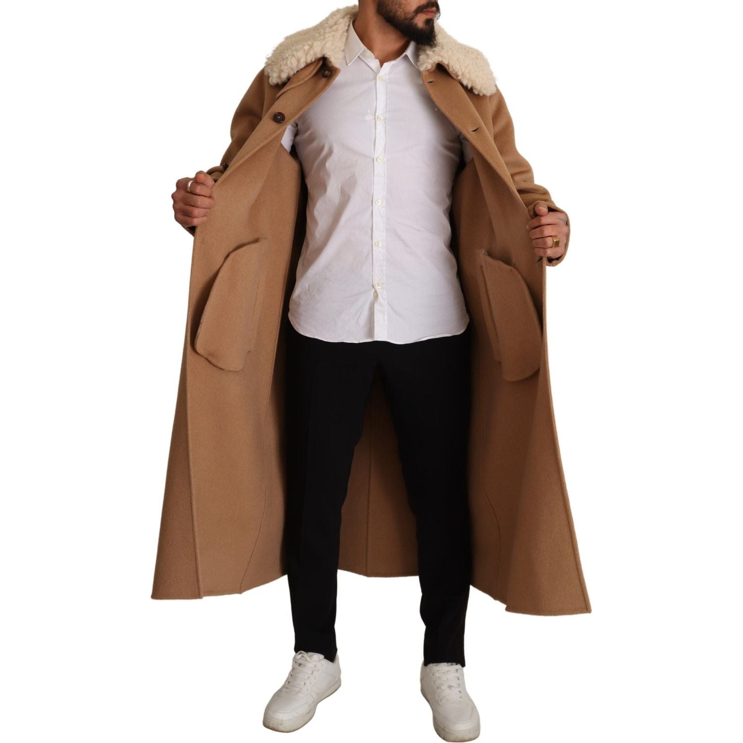 Dolce & Gabbana Beige Camel Skin Cashmere Shearling Overcoat Jacket