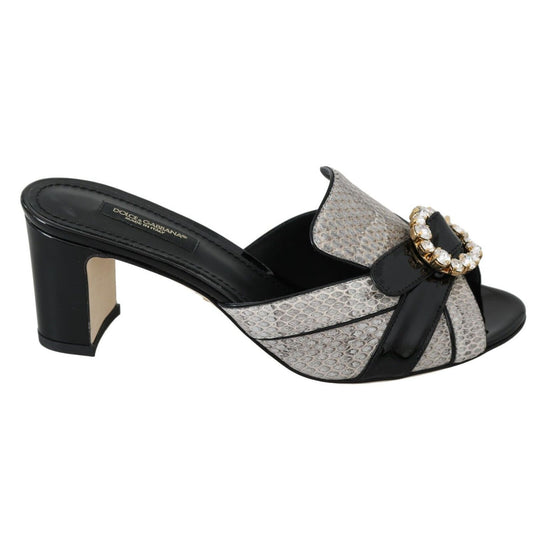 Dolce & Gabbana Black Gray Exotic Leather Crystals Sandals Shoes