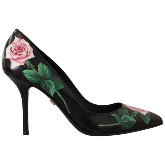 Dolce & Gabbana Elegant Black Rose Print Leather Heels Dolce & Gabbana Black