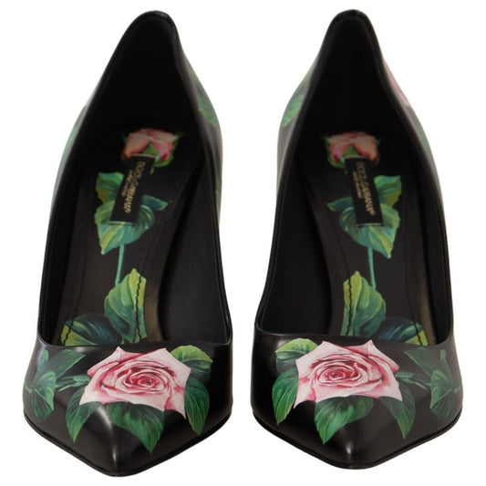 Dolce & Gabbana Elegant Black Rose Print Leather Heels Dolce & Gabbana Black