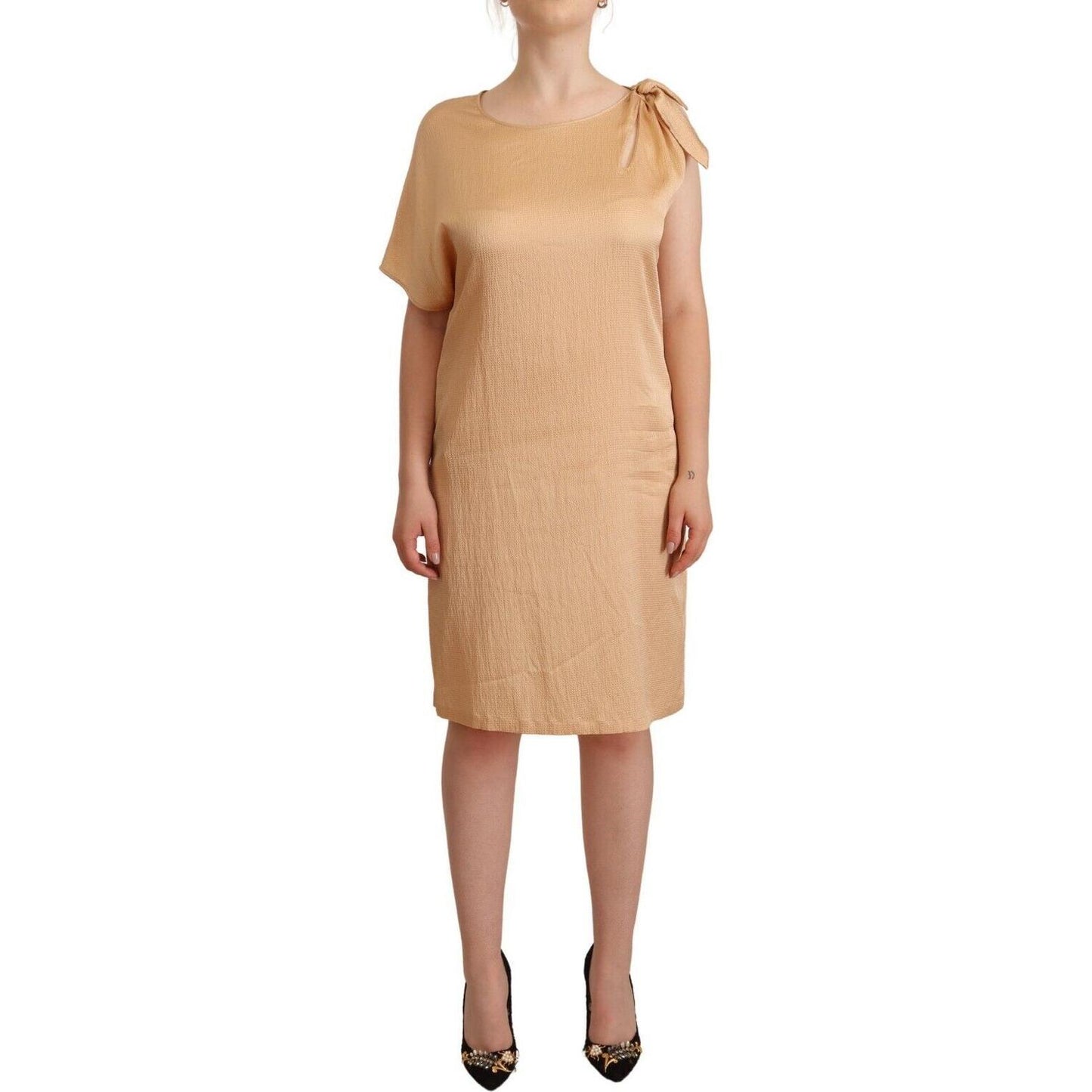 Moschino Beige One Sleeve Knee Length Shift Dress 1728,67345645728,Beige,Clothing,Dresses - Clothing,Dresses - Women - Clothing,IT44|L,Material: 52% Viscose 48% Nylon,Moschino,New with tags,Short - Dresses - Clothing,Shortsleeve - Dresses - Clothing,Women