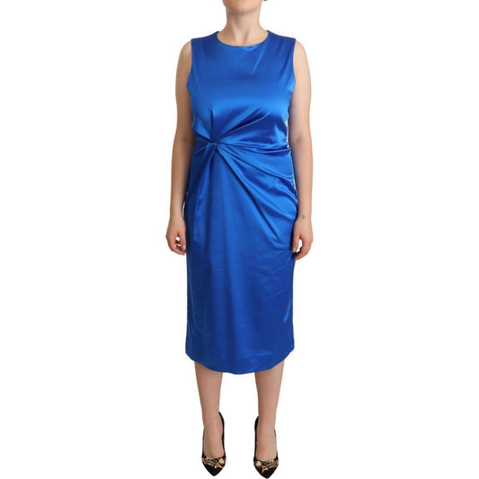P.A.R.O.S.H. Blue Acetate Sleeveless Pleated Midi Sheath Dress 1728,67345645728,Blue,Clothing,Dresses - Clothing,Dresses - Women - Clothing,IT46|XL,Material: 48% Acetate 45% Nylon 7% Elastane Lining: 95% Polyester 5% Elastane,Midi - Dresses - Clothing,New