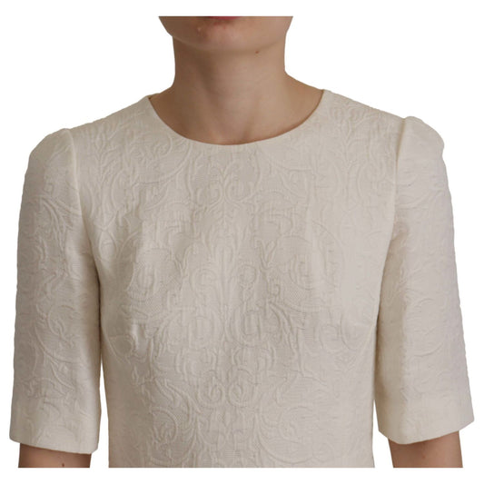 Dolce & Gabbana White Jaquard Midi Floral Sheath Brocade Dress