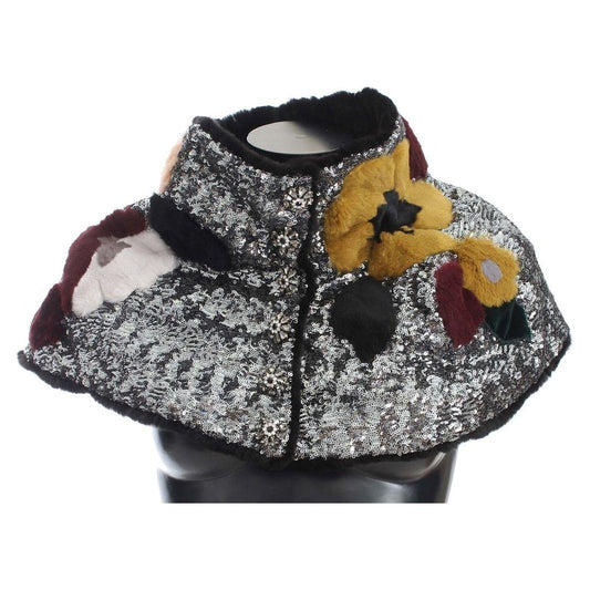 Dolce & Gabbana Silver Sequined Floral Weasel Fur Shoulder Scarf Wrap 1728,67345645728,Accessories,Dolce & Gabbana,IT38|XS,IT40|S,IT42|M,Material: 100% Polyester and Lining: 100% Weasel Fur.,Multicolor,New with tags,Scarves - Accessories,Scarves - Scarves