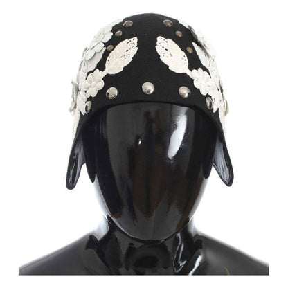 Dolce & Gabbana Black Wool White Floral Gold Leaf Hat 1728,67345645728,Accessories,Black,Dolce & Gabbana,Hats - Accessories,Hats - Women - Accessories,Material: 100% Wool,New with tags,Women,Women - Accessories
