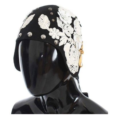 Dolce & Gabbana Black Wool White Floral Gold Leaf Hat 1728,67345645728,Accessories,Black,Dolce & Gabbana,Hats - Accessories,Hats - Women - Accessories,Material: 100% Wool,New with tags,Women,Women - Accessories