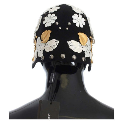 Dolce & Gabbana Black Wool White Floral Gold Leaf Hat 1728,67345645728,Accessories,Black,Dolce & Gabbana,Hats - Accessories,Hats - Women - Accessories,Material: 100% Wool,New with tags,Women,Women - Accessories