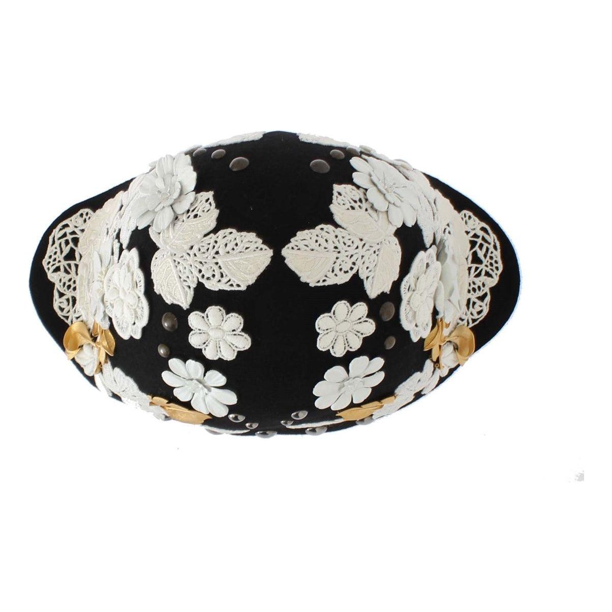 Dolce & Gabbana Black Wool White Floral Gold Leaf Hat 1728,67345645728,Accessories,Black,Dolce & Gabbana,Hats - Accessories,Hats - Women - Accessories,Material: 100% Wool,New with tags,Women,Women - Accessories