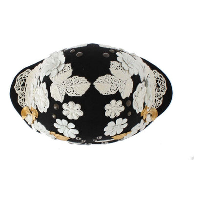 Dolce & Gabbana Black Wool White Floral Gold Leaf Hat 1728,67345645728,Accessories,Black,Dolce & Gabbana,Hats - Accessories,Hats - Women - Accessories,Material: 100% Wool,New with tags,Women,Women - Accessories