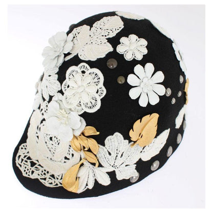 Dolce & Gabbana Black Wool White Floral Gold Leaf Hat 1728,67345645728,Accessories,Black,Dolce & Gabbana,Hats - Accessories,Hats - Women - Accessories,Material: 100% Wool,New with tags,Women,Women - Accessories
