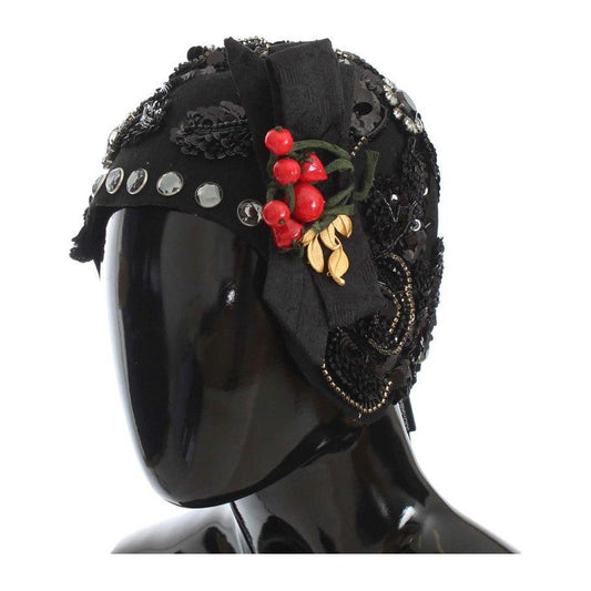 Dolce & Gabbana Black Crystal Gold Cherries Brooch Hat 10% Nylon,12% Viscose,1728,2% Silk,4% Acetate,4% Polyester,67345645728,8% Cotton,Accessories,Black,Dolce & Gabbana,Hats - Accessories,Hats - Women - Accessories,Material: 60% Wool,New with tags,Women,