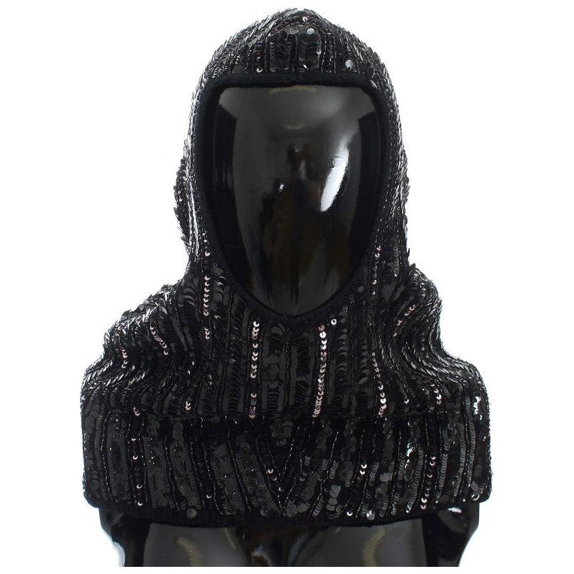 Dolce & Gabbana Black Knitted Sequin Hood Scarf Hat 1728,20% Glass,30% Plastic,5% Rayon,67345645728,Accessories,Black,Dolce & Gabbana,Hats - Accessories,Hats - Women - Accessories,Material: 45% Wool,New with tags,Scarves - Accessories,Scarves - Women - Ac