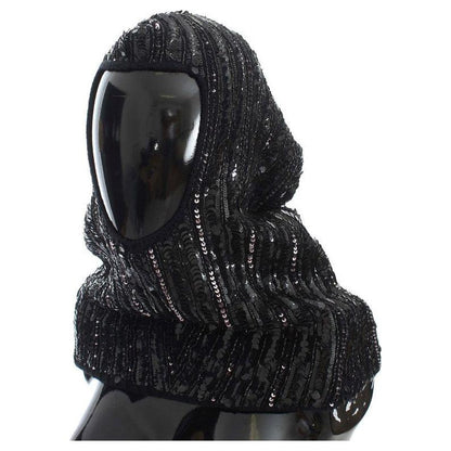 Dolce & Gabbana Black Knitted Sequin Hood Scarf Hat 1728,20% Glass,30% Plastic,5% Rayon,67345645728,Accessories,Black,Dolce & Gabbana,Hats - Accessories,Hats - Women - Accessories,Material: 45% Wool,New with tags,Scarves - Accessories,Scarves - Women - Ac