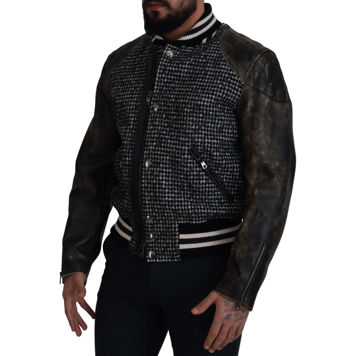 Dolce & Gabbana Black Houndstooth Polyester Bomber Jacket