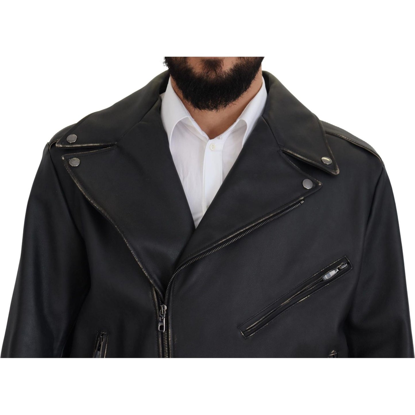 Dolce & Gabbana Black Leather Biker Coat Zipper Jacket
