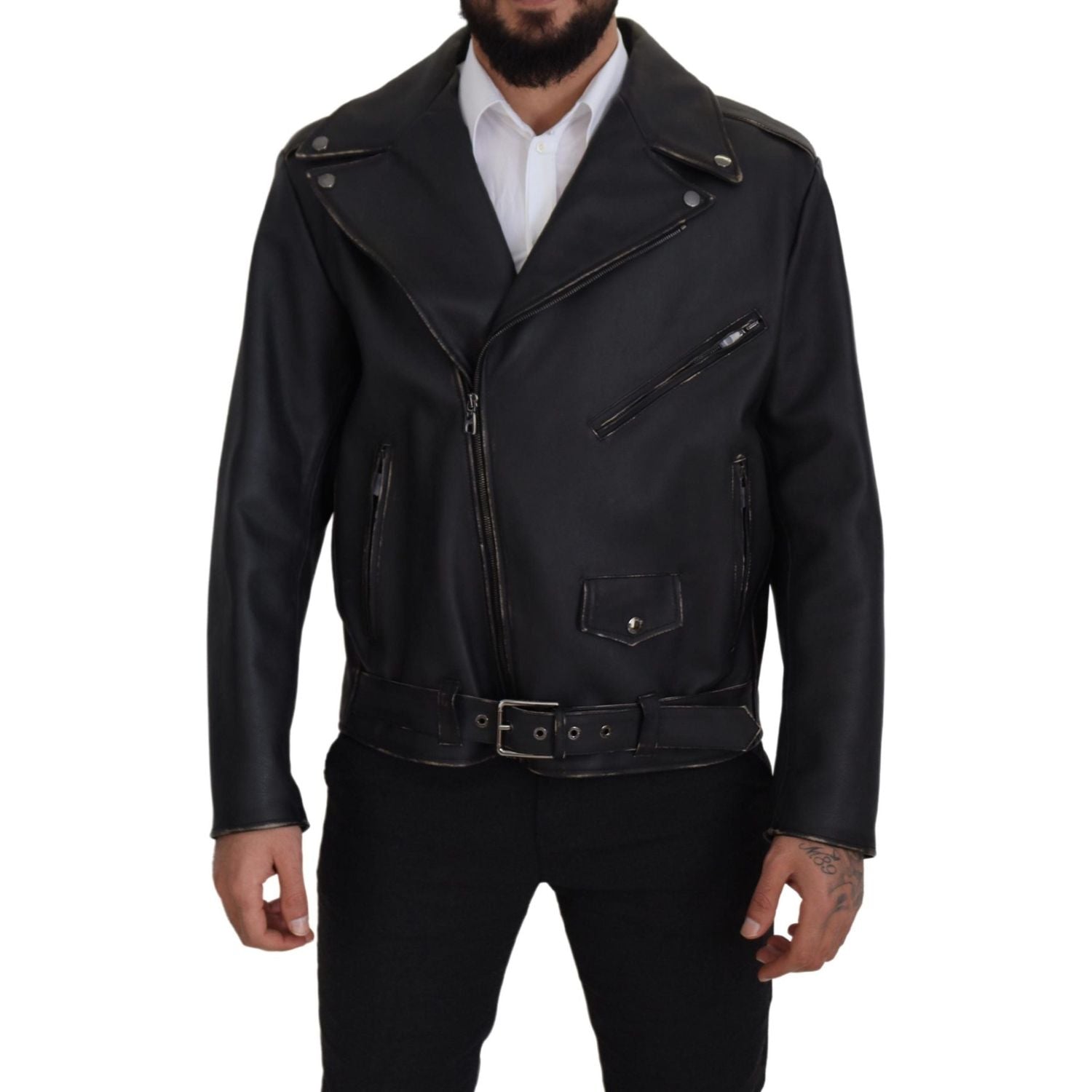 Dolce & Gabbana Black Leather Biker Coat Zipper Jacket