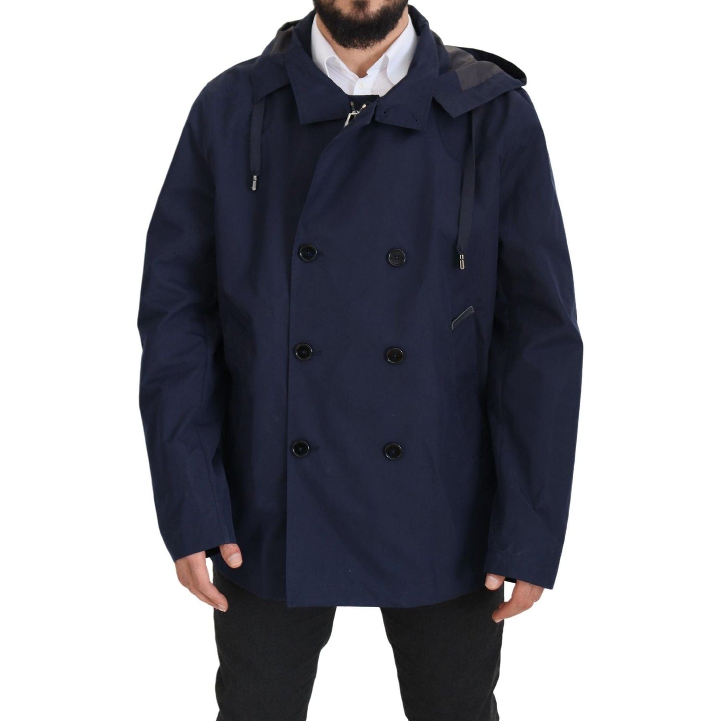 Dolce & Gabbana Blue Hooded Double Breasted Coat Jacket