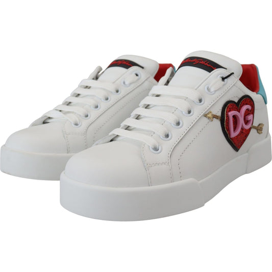 Dolce & Gabbana White Leather Sneaker Portofino Logo Heart Shoes
