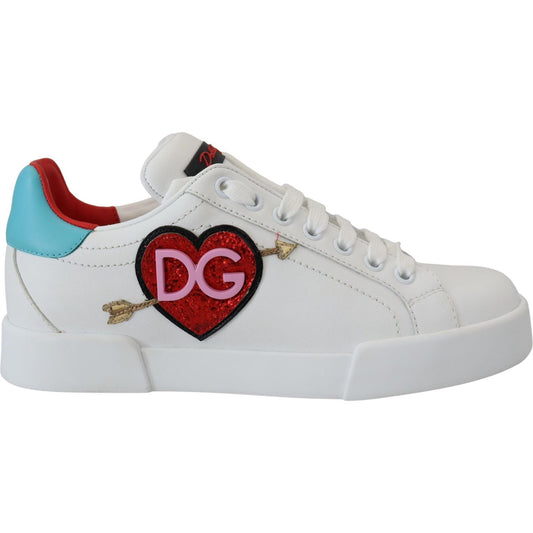 Dolce & Gabbana White Leather Sneaker Portofino Logo Heart Shoes