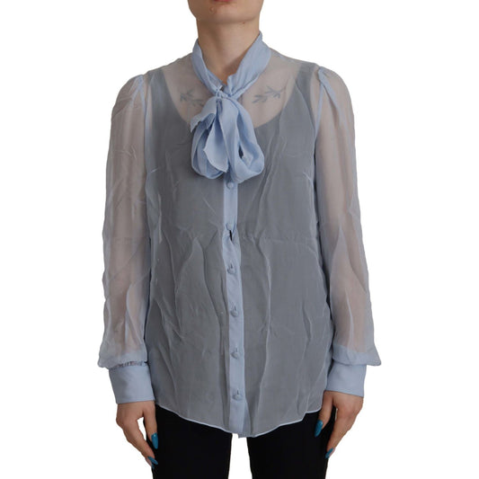 Dolce & Gabbana Elegant Silk Ascot Collar Blouse in Light Blue Dolce & Gabbana Slate Gray