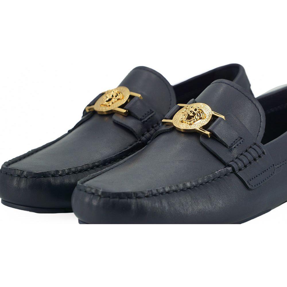 Versace Navy Blue Calf Leather Loafers Shoes