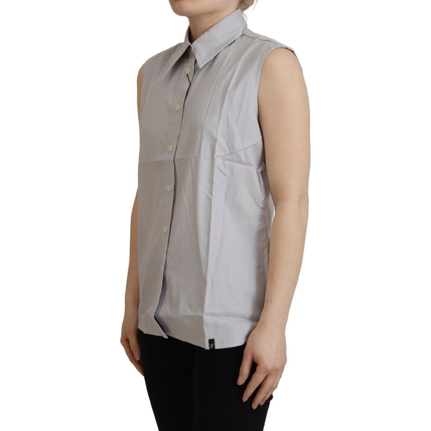 Ferre Light Gray Stripes Cotton Sleeveless Collared Top 1728,67345645728,Clothing,Ferre,Gray,IT40|S,Material: 100% Cotton,New with tags,Sleeveless - T-Shirts - Clothing,T-Shirts - Clothing,Tops & T-Shirts - Women - Clothing,Women,Women - Clothing