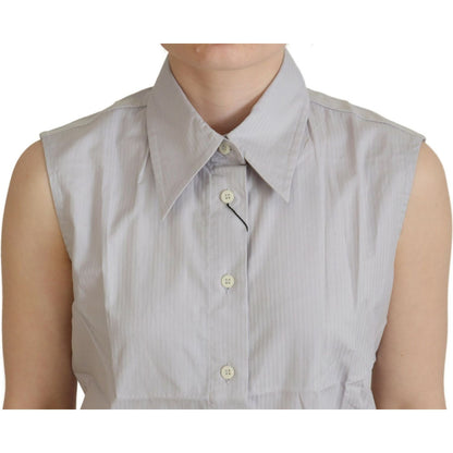 Ferre Light Gray Stripes Cotton Sleeveless Collared Top 1728,67345645728,Clothing,Ferre,Gray,IT40|S,Material: 100% Cotton,New with tags,Sleeveless - T-Shirts - Clothing,T-Shirts - Clothing,Tops & T-Shirts - Women - Clothing,Women,Women - Clothing