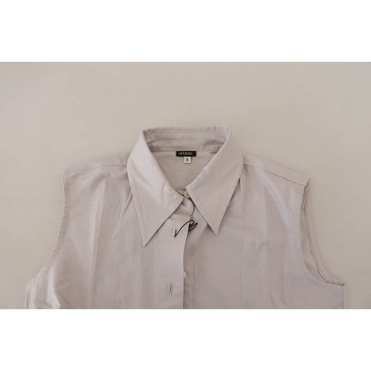 Ferre Light Gray Stripes Cotton Sleeveless Collared Top 1728,67345645728,Clothing,Ferre,Gray,IT40|S,Material: 100% Cotton,New with tags,Sleeveless - T-Shirts - Clothing,T-Shirts - Clothing,Tops & T-Shirts - Women - Clothing,Women,Women - Clothing