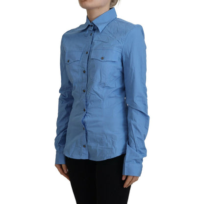 Ferre Blue Cotton Long Sleeves Collared Button Down Top 1728,67345645728,Blouses - Shirts - Clothing,Blue,Clothing,Ferre,IT38|XS,Material: 100% Cotton,New with tags,Shirts - Clothing,Tops & T-Shirts - Women - Clothing,Women,Women - Clothing