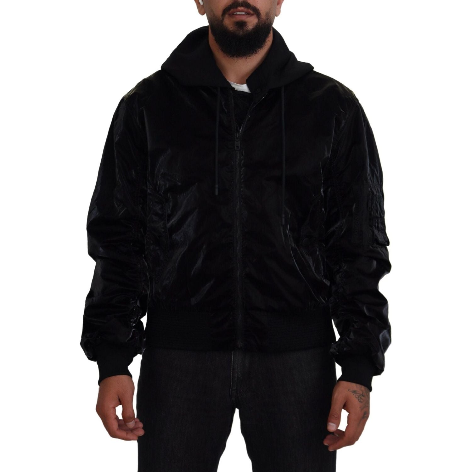 Dolce & Gabbana Black Nylon Hooded Full Zip Bomber Jacket