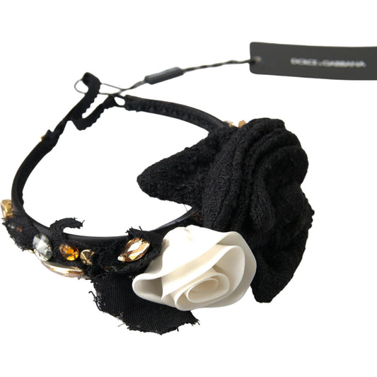 Dolce & Gabbana Diadem Headband Tiara White Rose Crystal Hair Gold 1% Elastane,10% Nylon,1728,29% Wool,5% Cotton,5% Rayon,67345645728,Accessories,Black,Dolce & Gabbana,Hair Accessories - Accessories,Headbands - Hair Accessories - Accessories,Headbands - W