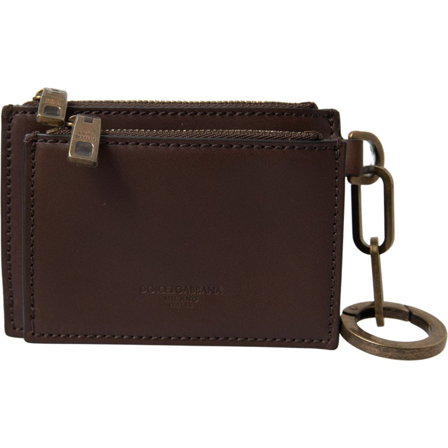 Dolce & Gabbana Brown Leather Zip Logo Keyring Coin Purse Wallet
