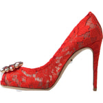 Dolce & Gabbana Chic Red Lace Heels with Crystal Embellishment Dolce & Gabbana Brown