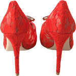 Dolce & Gabbana Chic Red Lace Heels with Crystal Embellishment Dolce & Gabbana Firebrick