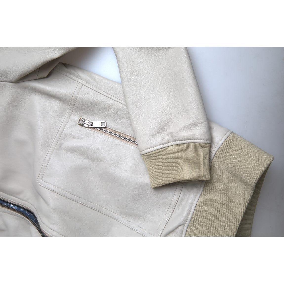 Dolce & Gabbana Cream Leather Bomber Blouson Full Zip Jacket