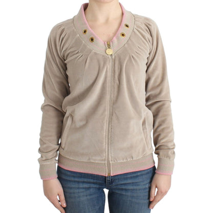 Cavalli Beige velvet zipup sweater 1728,20% Polyester,67345645728,Beige,Cardigans - Sweaters - Clothing,Cavalli,Clothing,IT40|S,Material: 80% Cotton,New with tags,Sweaters - Clothing,Sweaters - Women - Clothing,Women,Women - Clothing
