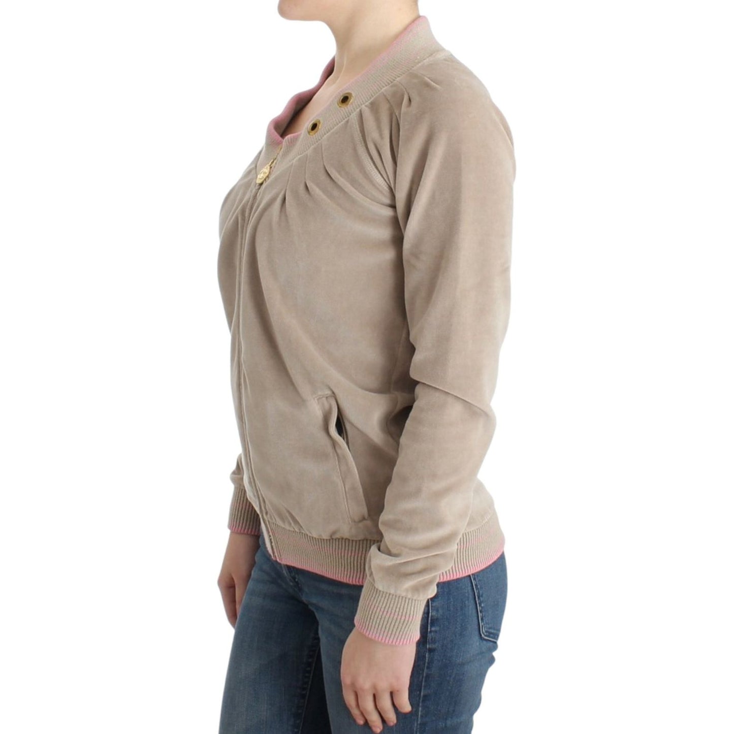 Cavalli Beige velvet zipup sweater 1728,20% Polyester,67345645728,Beige,Cardigans - Sweaters - Clothing,Cavalli,Clothing,IT40|S,Material: 80% Cotton,New with tags,Sweaters - Clothing,Sweaters - Women - Clothing,Women,Women - Clothing