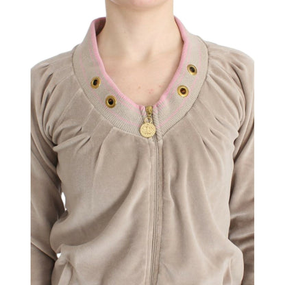 Cavalli Beige velvet zipup sweater 1728,20% Polyester,67345645728,Beige,Cardigans - Sweaters - Clothing,Cavalli,Clothing,IT40|S,Material: 80% Cotton,New with tags,Sweaters - Clothing,Sweaters - Women - Clothing,Women,Women - Clothing