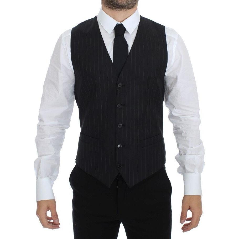 Dolce & Gabbana Black Striped Wool Silk Dress Vest Gilet Dolce & Gabbana