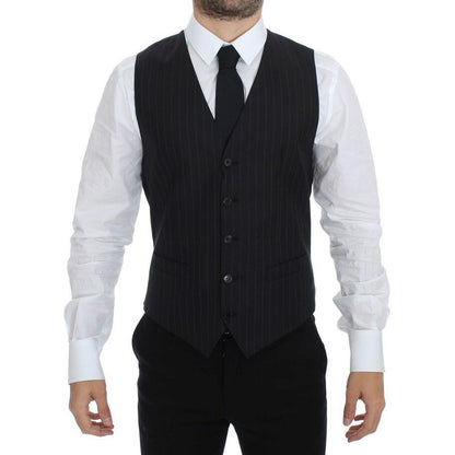 Dolce & Gabbana Black Striped Wool Silk Dress Vest Gilet Dolce & Gabbana