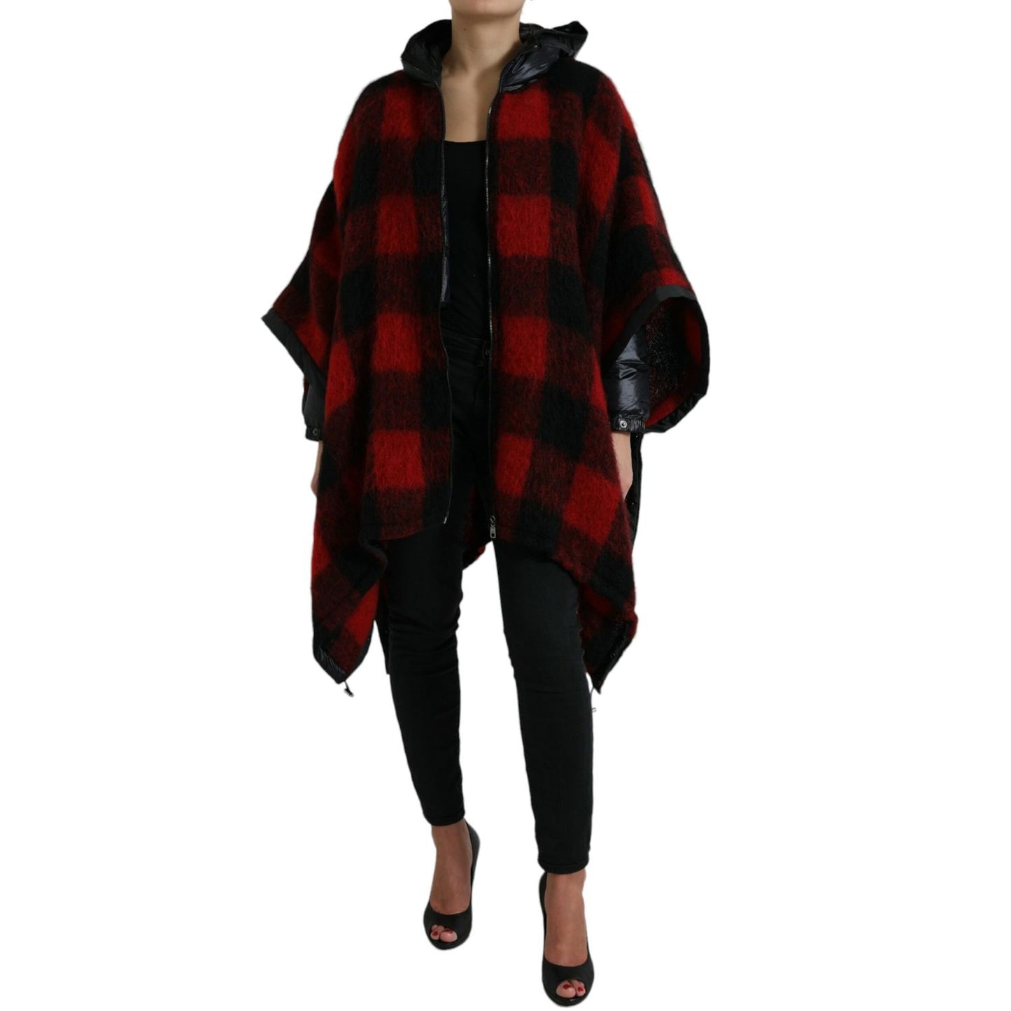 Dolce & Gabbana Black Red Buffalo Check Hooded Poncho Jacket