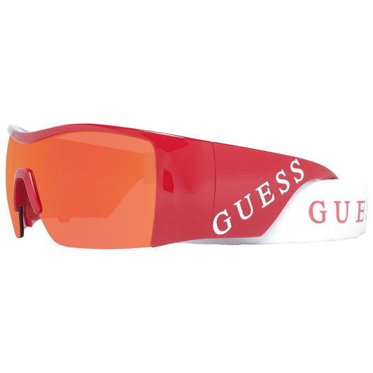 Guess red women's sunglasses with mirrored grey lenses, plastic half-rim frame, offering 100% UVA & UVB protection, includes branded case.