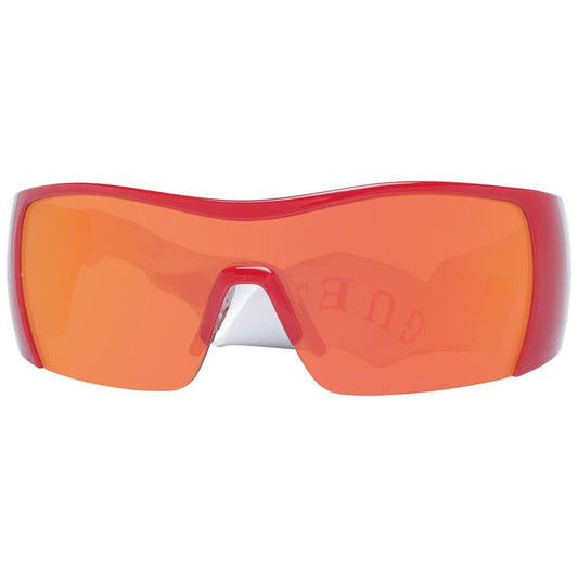 Guess red women sunglasses with mirrored grey lenses, plastic frame, half-rim design, 100% UVA & UVB protection, with branded case.